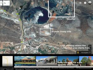 A satellite image showing the close proximity of the dump site to residential houses in Tsumeb.